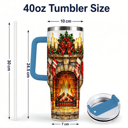 #pl[40oz|Blue] Christmas Fireplace 40oz Tumbler with Handle, Holiday Steel Cup