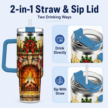 #pl[40oz|Blue] Christmas Fireplace 40oz Tumbler with Handle, Holiday Steel Cup