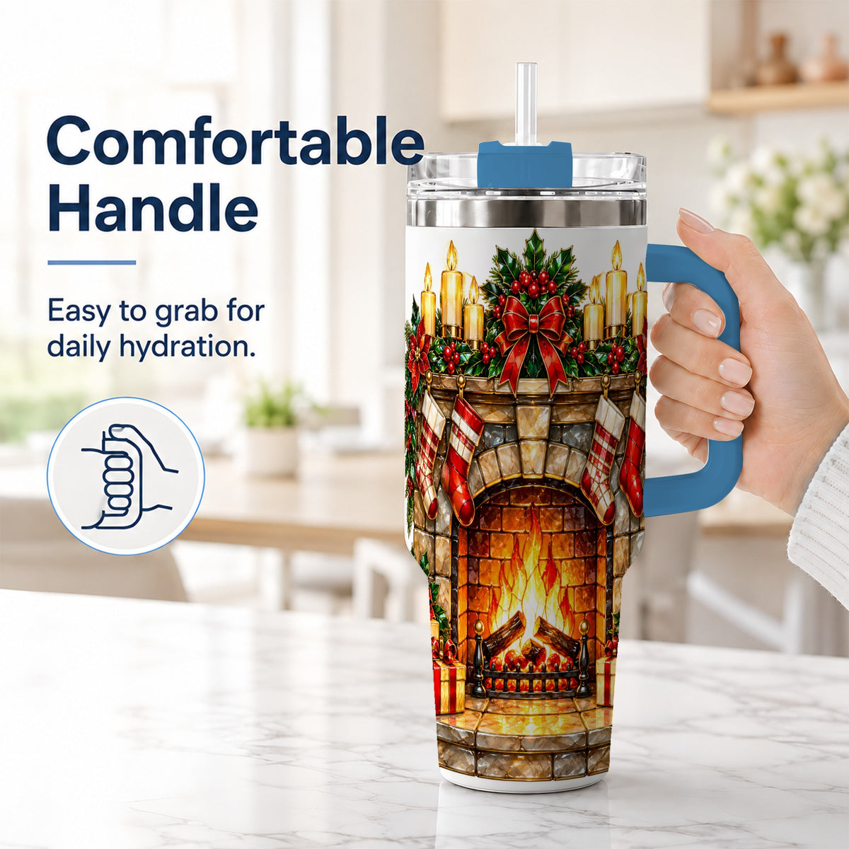 #pl[40oz|Blue] Christmas Fireplace 40oz Tumbler with Handle, Holiday Steel Cup