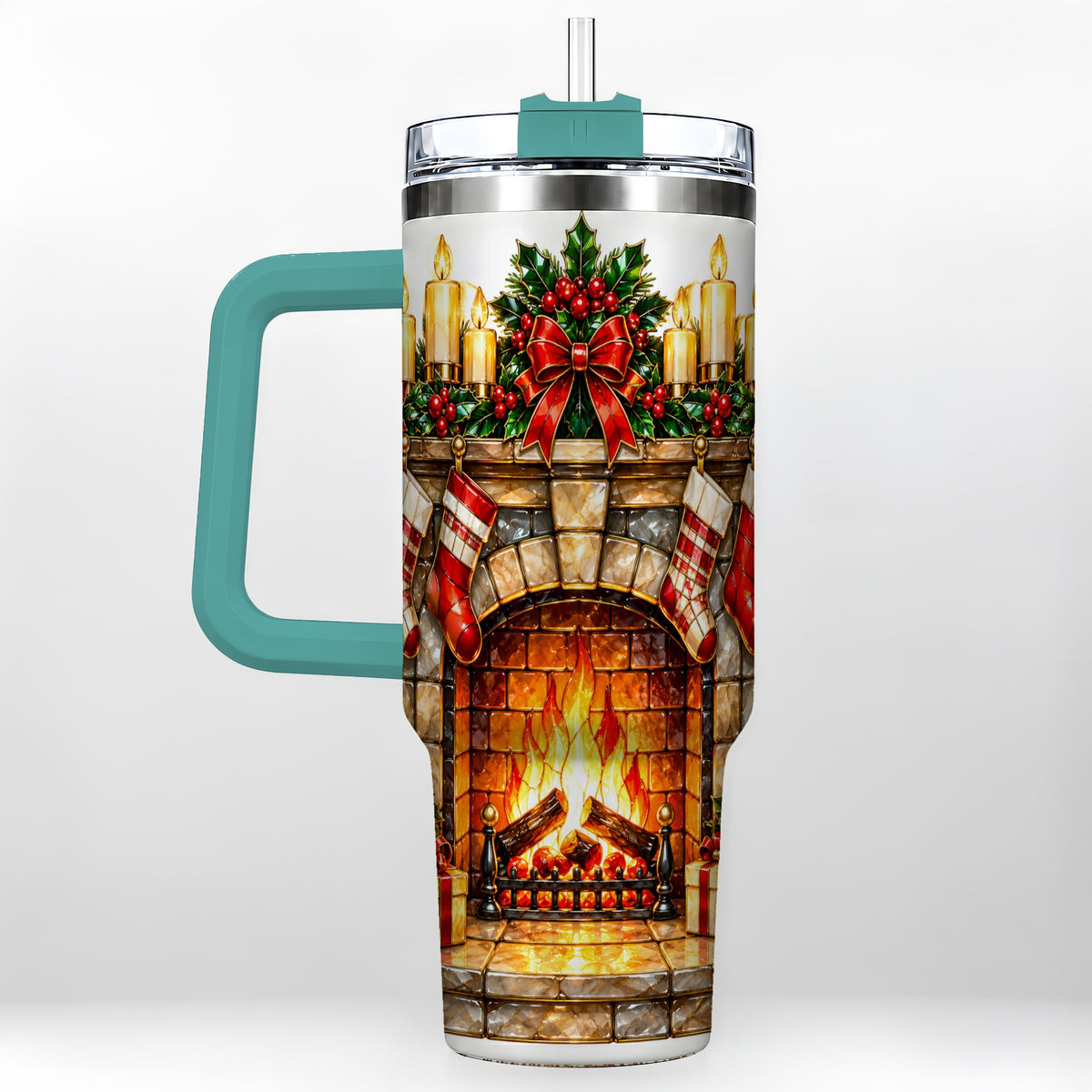 #pl[40oz|Green] Christmas Fireplace 40oz Tumbler with Handle, Holiday Steel Cup