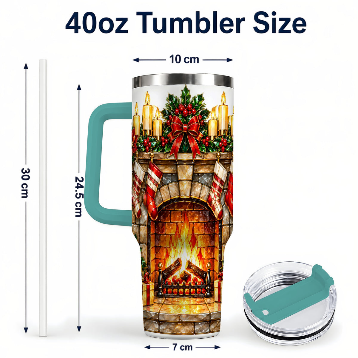 #pl[40oz|Green] Christmas Fireplace 40oz Tumbler with Handle, Holiday Steel Cup