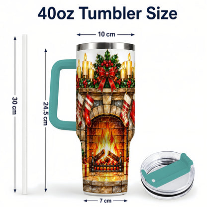 #pl[40oz|Green] Christmas Fireplace 40oz Tumbler with Handle, Holiday Steel Cup
