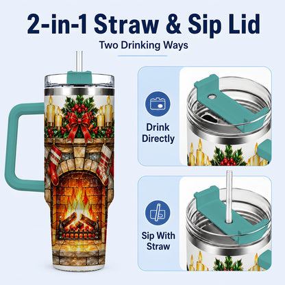 #pl[40oz|Green] Christmas Fireplace 40oz Tumbler with Handle, Holiday Steel Cup