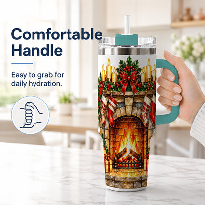 #pl[40oz|Green] Christmas Fireplace 40oz Tumbler with Handle, Holiday Steel Cup