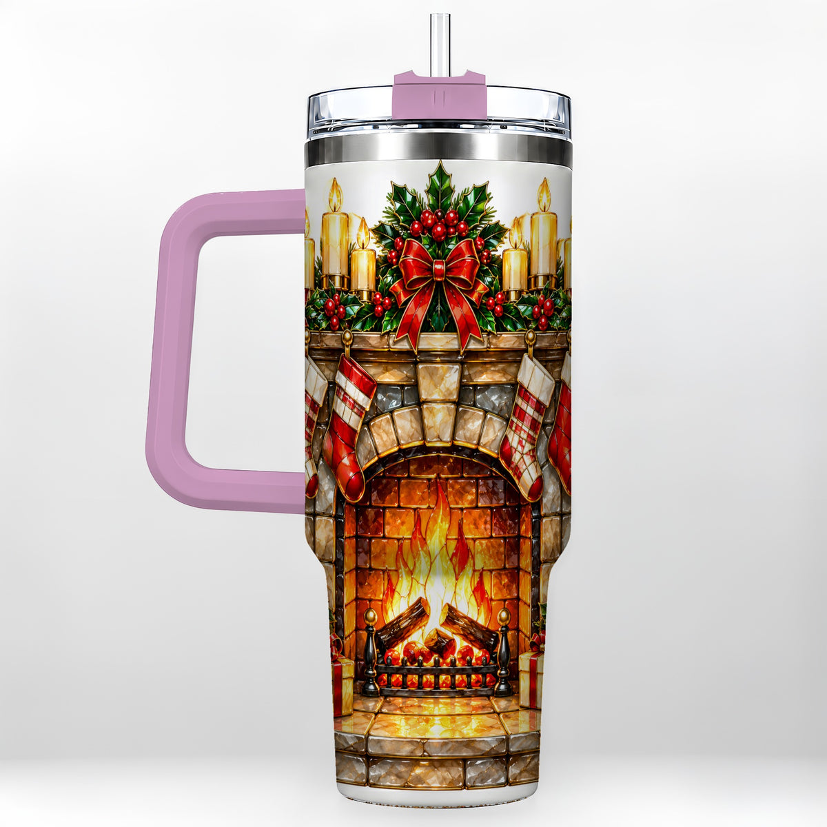 #pl[40oz|Pink] Christmas Fireplace 40oz Tumbler with Handle, Holiday Steel Cup