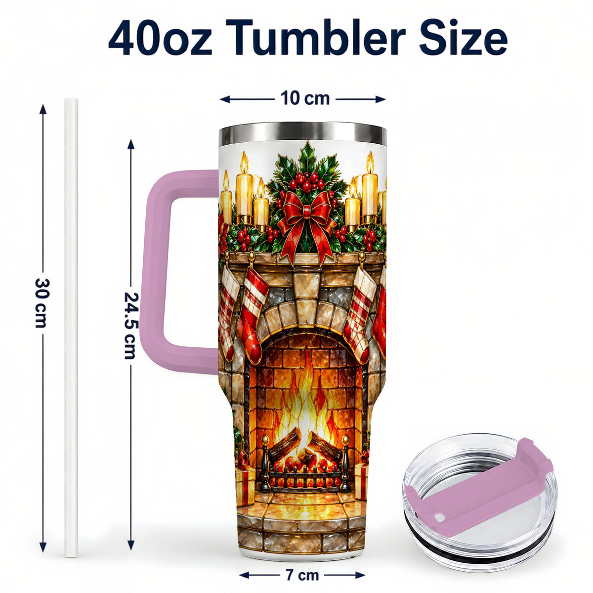 #pl[40oz|Pink] Christmas Fireplace 40oz Tumbler with Handle, Holiday Steel Cup