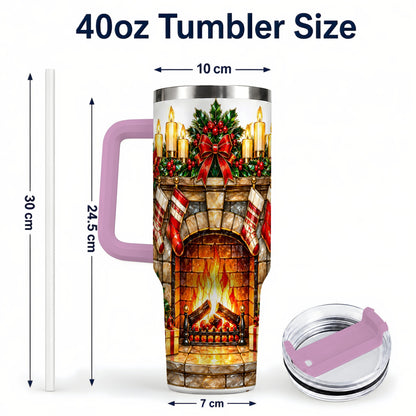 #pl[40oz|Pink] Christmas Fireplace 40oz Tumbler with Handle, Holiday Steel Cup