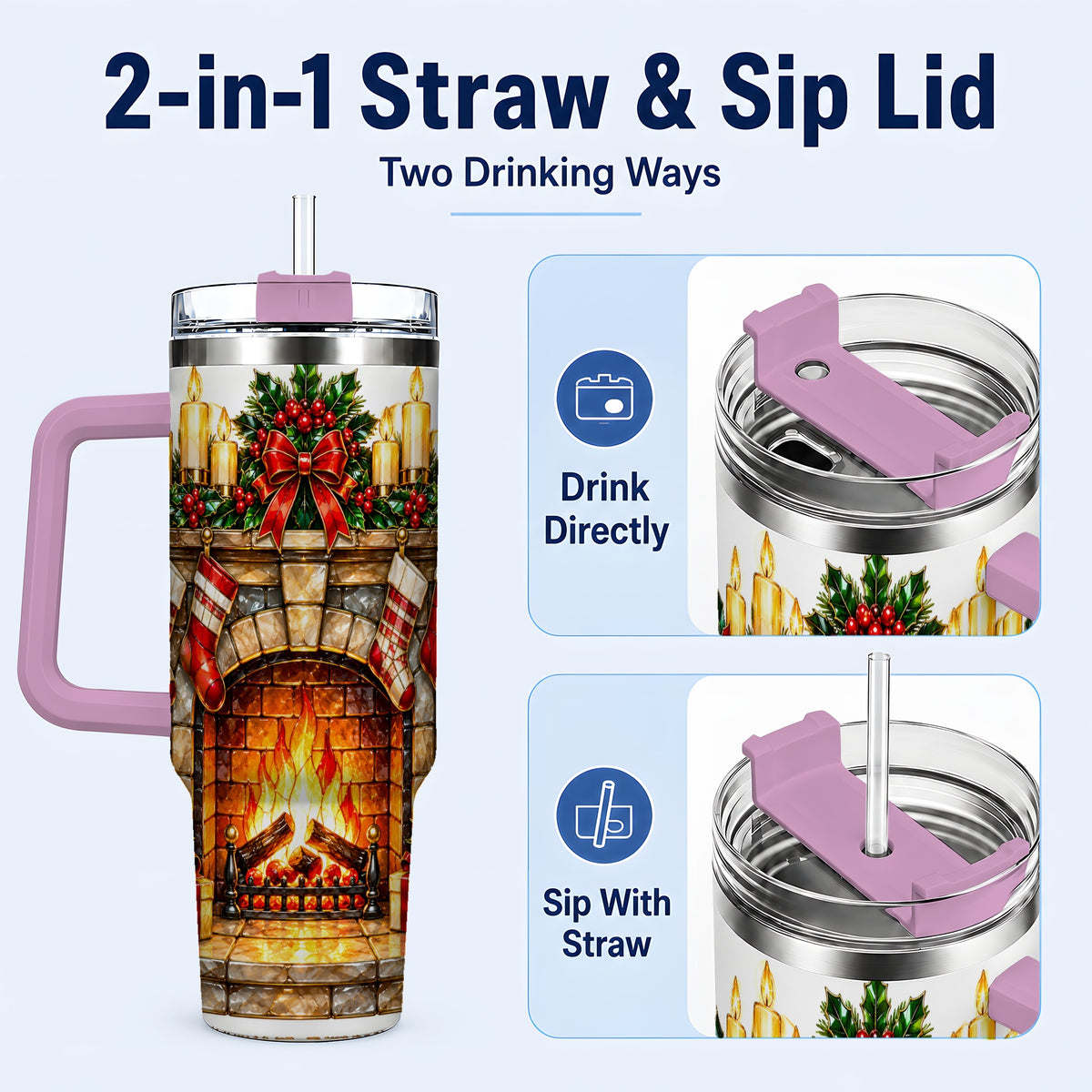 #pl[40oz|Pink] Christmas Fireplace 40oz Tumbler with Handle, Holiday Steel Cup