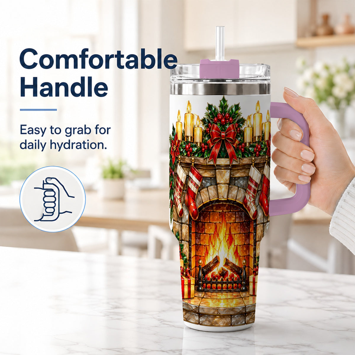#pl[40oz|Pink] Christmas Fireplace 40oz Tumbler with Handle, Holiday Steel Cup