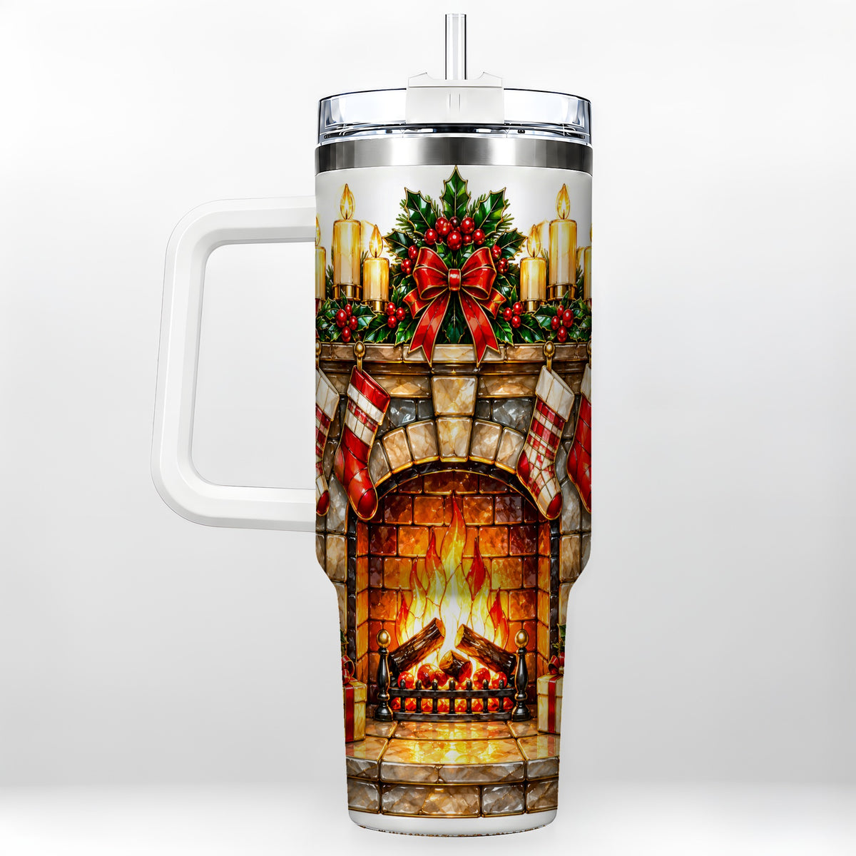 Christmas Fireplace 40oz Tumbler with Handle, Holiday Steel Cup