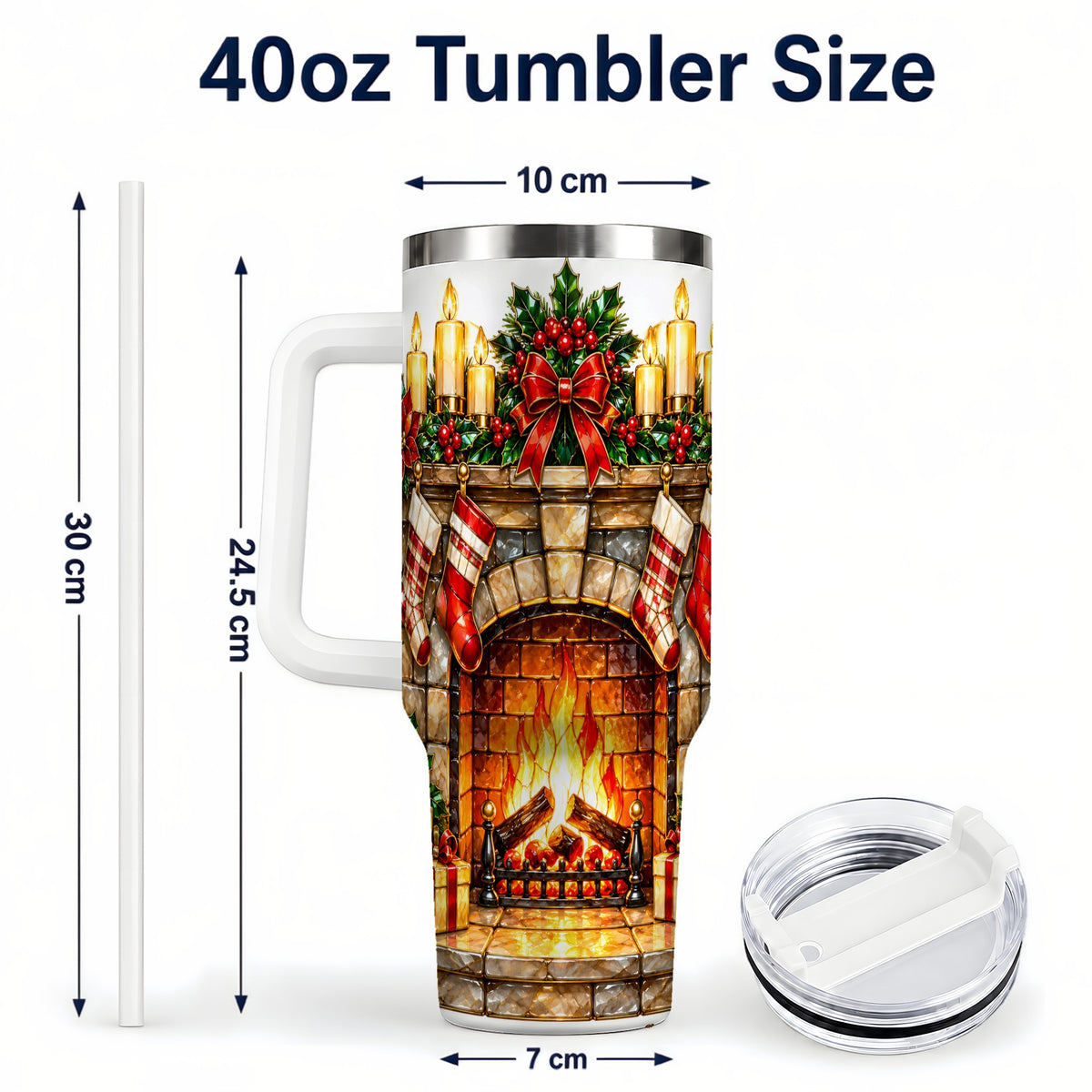 #pl[40oz|White] Christmas Fireplace 40oz Tumbler with Handle, Holiday Steel Cup