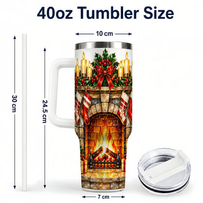 #pl[40oz|White] Christmas Fireplace 40oz Tumbler with Handle, Holiday Steel Cup