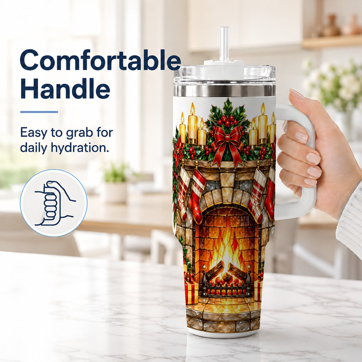 #pl[40oz|White] Christmas Fireplace 40oz Tumbler with Handle, Holiday Steel Cup