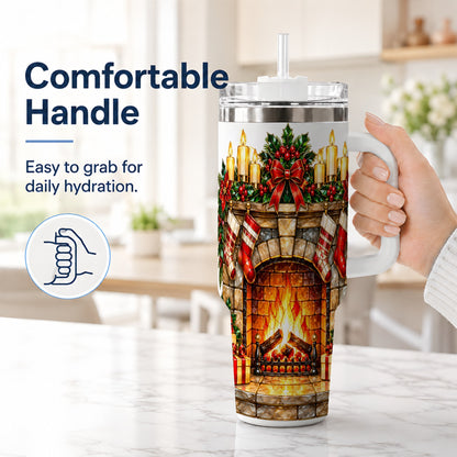 #pl[40oz|White] Christmas Fireplace 40oz Tumbler with Handle, Holiday Steel Cup