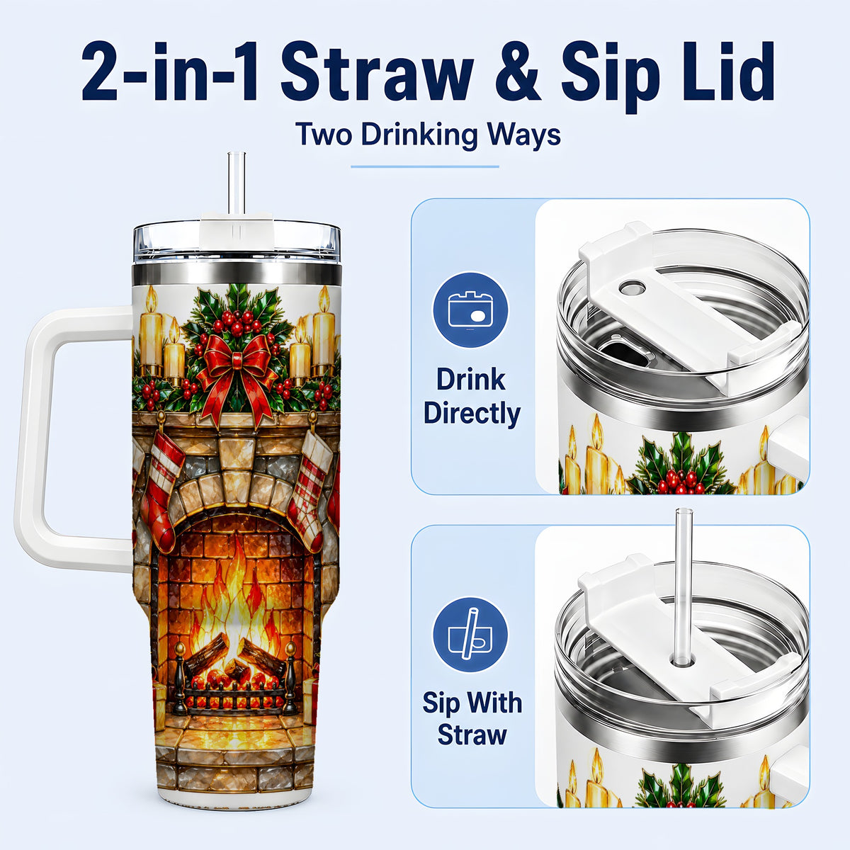 #pl[40oz|White] Christmas Fireplace 40oz Tumbler with Handle, Holiday Steel Cup