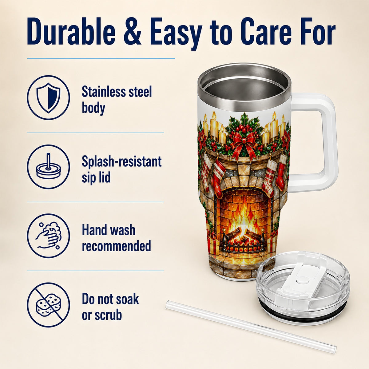 Christmas Fireplace 40oz Tumbler with Handle, Holiday Steel Cup