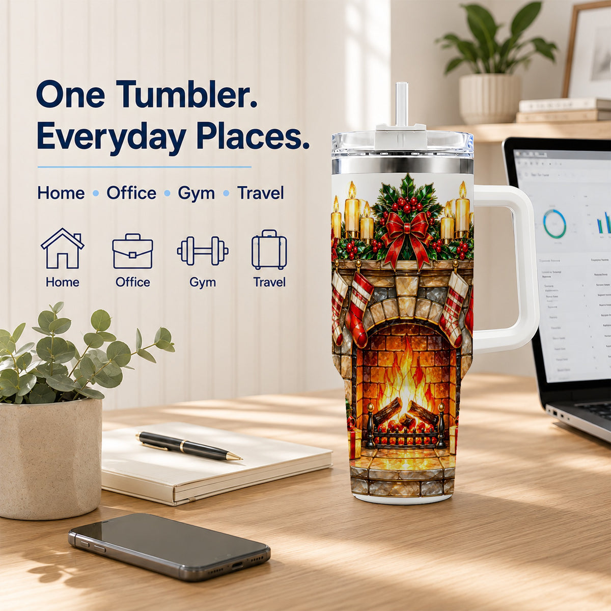 Christmas Fireplace 40oz Tumbler with Handle, Holiday Steel Cup