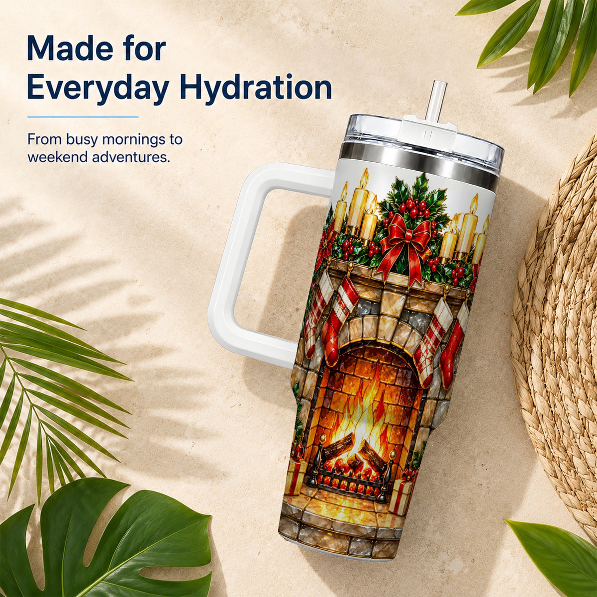 Christmas Fireplace 40oz Tumbler with Handle, Holiday Steel Cup
