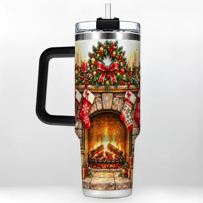 #pl[40oz|Black] Cozy Fireplace 40oz Tumbler with Handle, Christmas Stainless Steel Cup