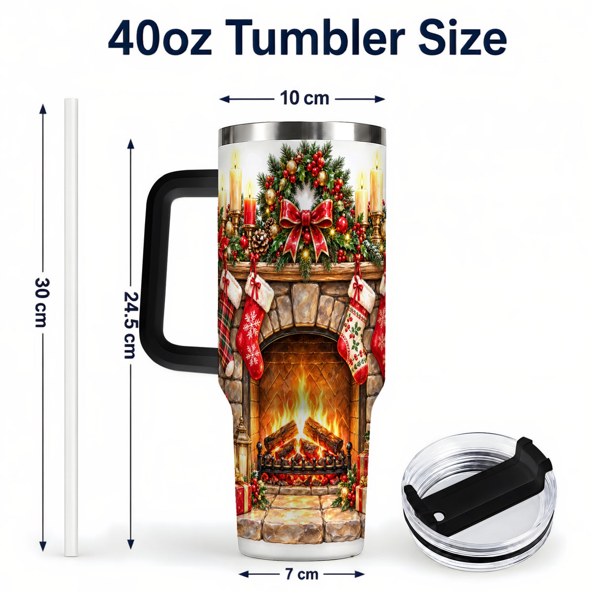 #pl[40oz|Black] Cozy Fireplace 40oz Tumbler with Handle, Christmas Stainless Steel Cup