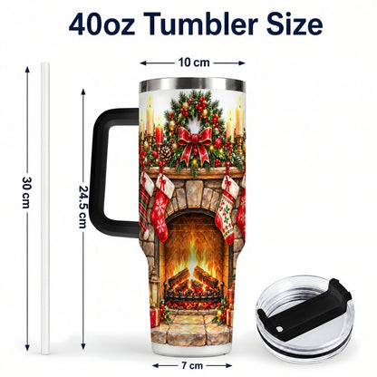 #pl[40oz|Black] Cozy Fireplace 40oz Tumbler with Handle, Christmas Stainless Steel Cup