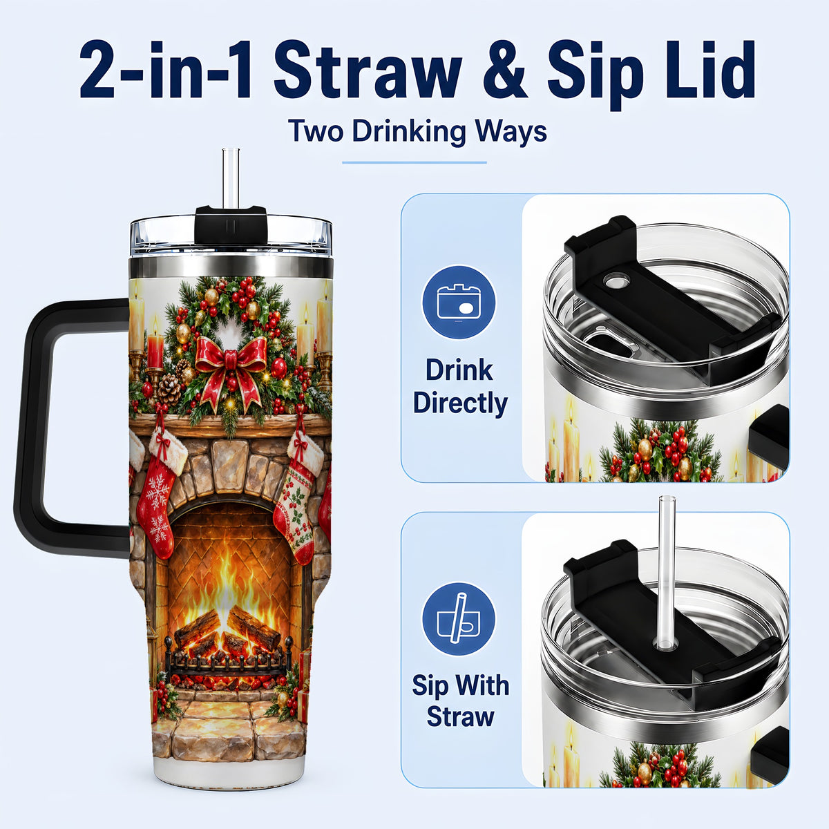 #pl[40oz|Black] Cozy Fireplace 40oz Tumbler with Handle, Christmas Stainless Steel Cup