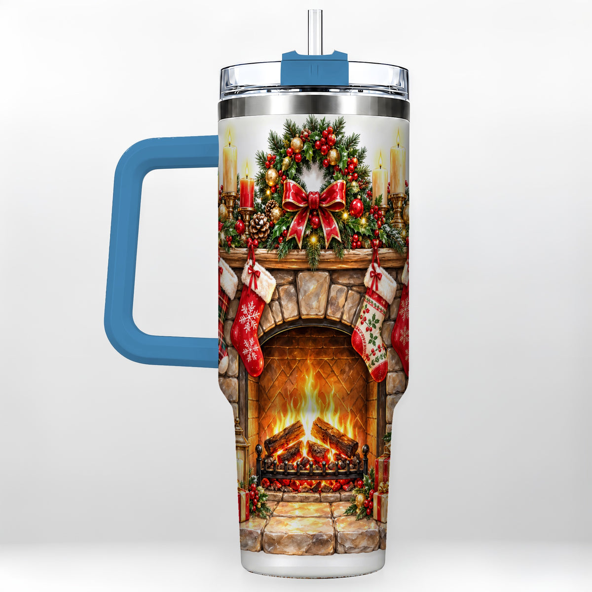 #pl[40oz|Blue] Cozy Fireplace 40oz Tumbler with Handle, Christmas Stainless Steel Cup