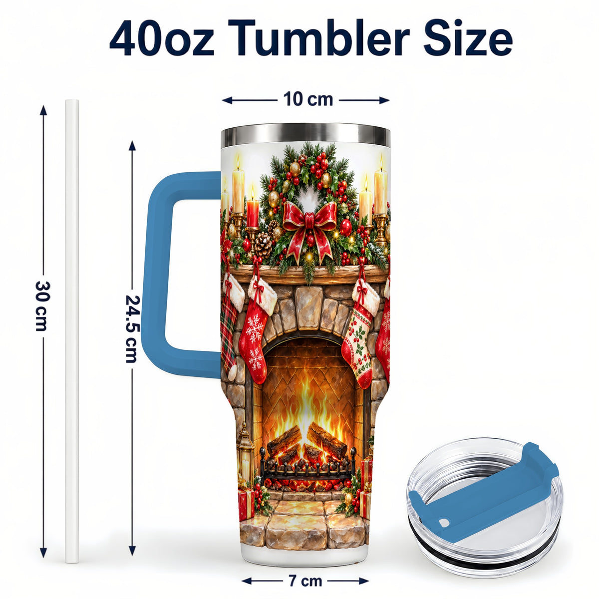 #pl[40oz|Blue] Cozy Fireplace 40oz Tumbler with Handle, Christmas Stainless Steel Cup