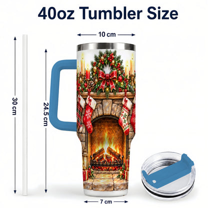 #pl[40oz|Blue] Cozy Fireplace 40oz Tumbler with Handle, Christmas Stainless Steel Cup