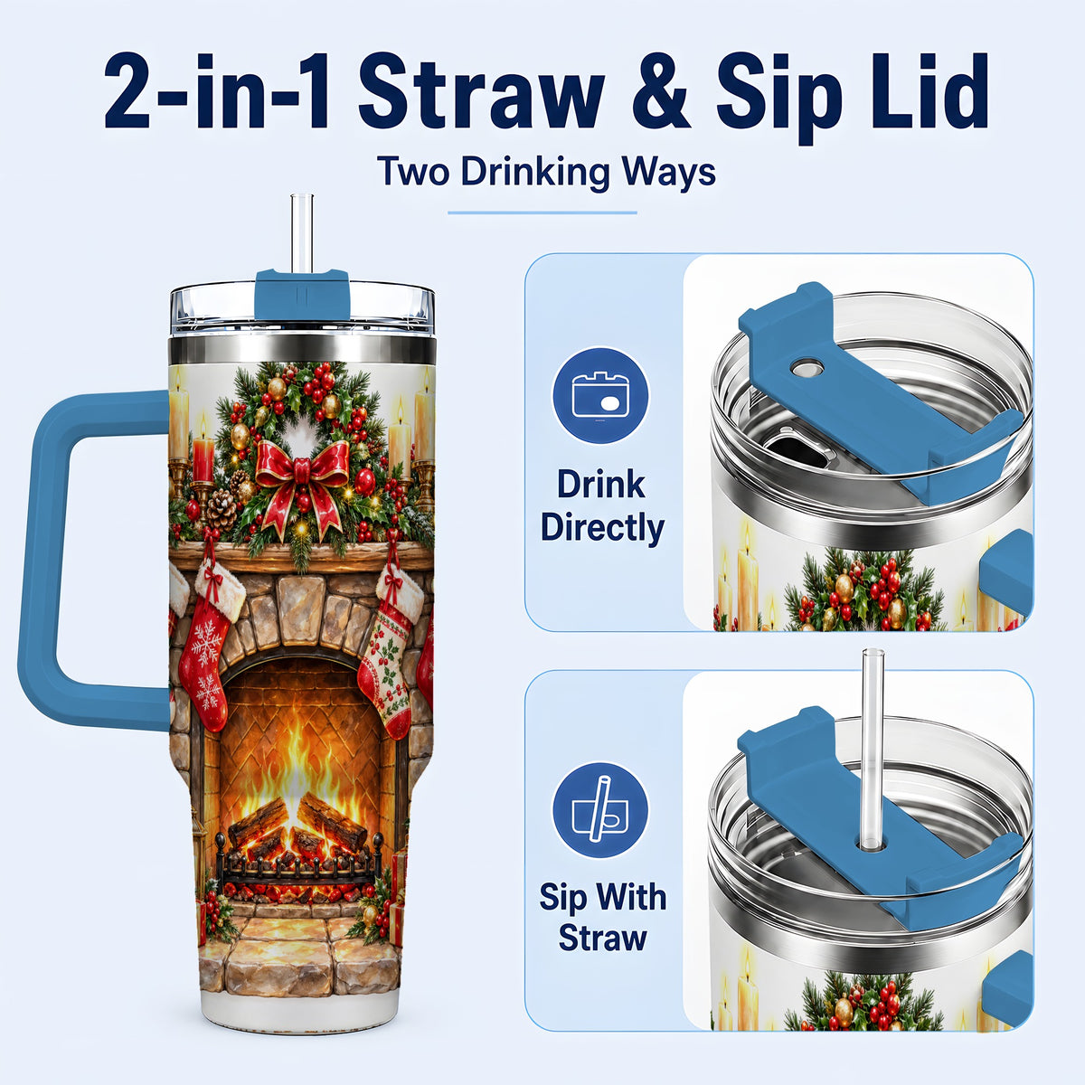 #pl[40oz|Blue] Cozy Fireplace 40oz Tumbler with Handle, Christmas Stainless Steel Cup