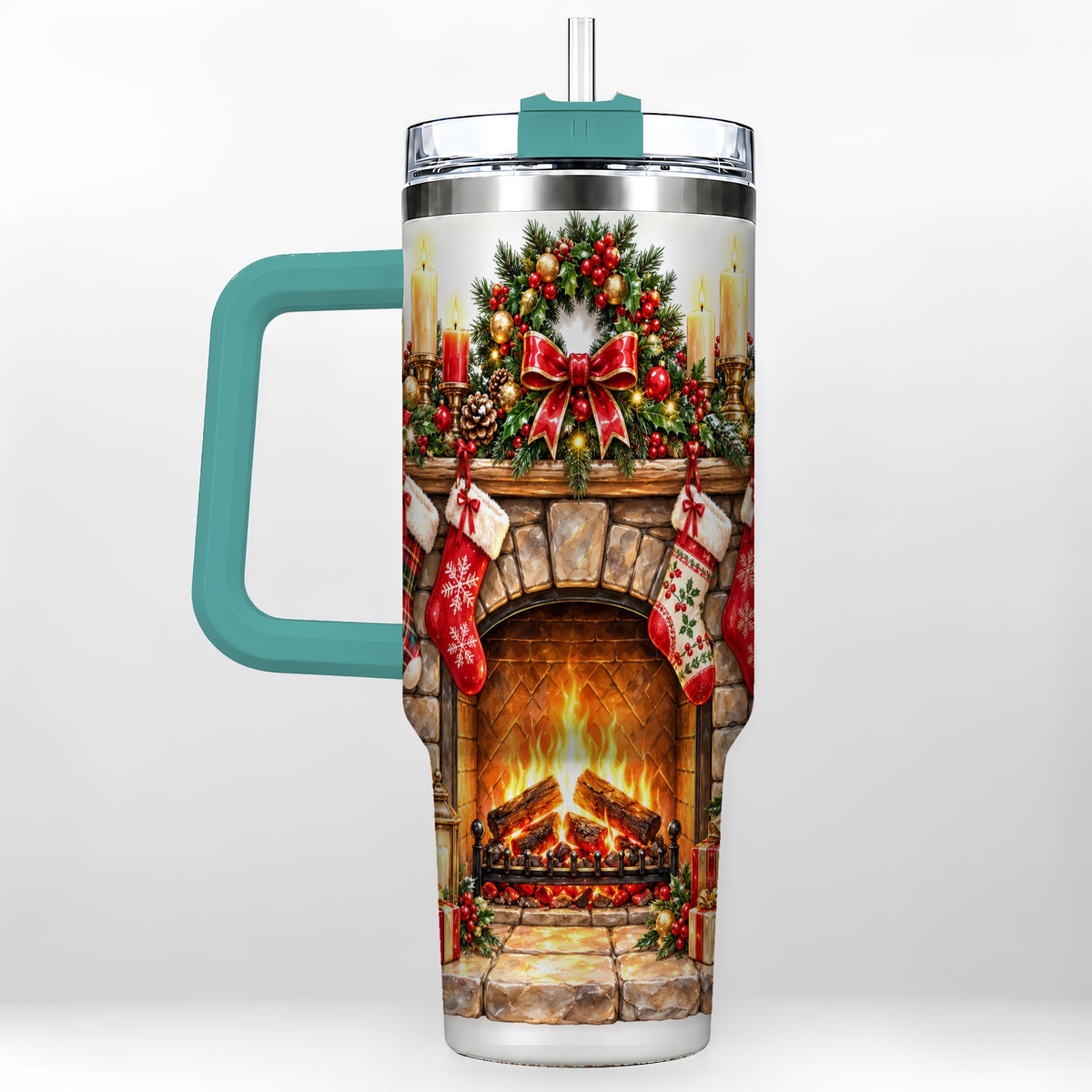 #pl[40oz|Green] Cozy Fireplace 40oz Tumbler with Handle, Christmas Stainless Steel Cup