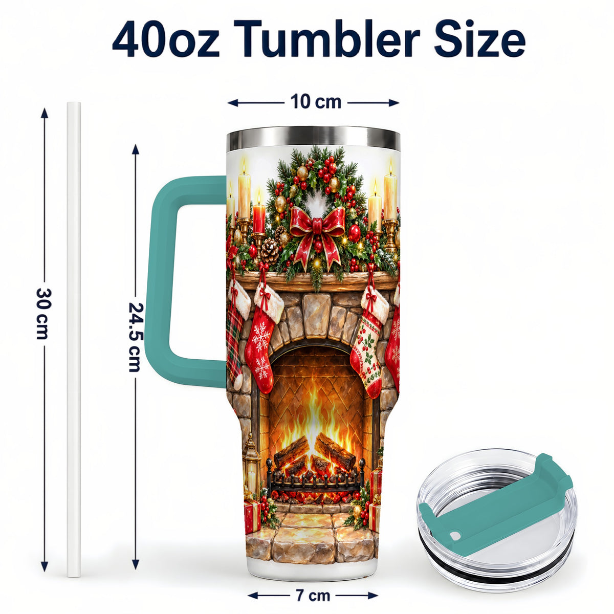 #pl[40oz|Green] Cozy Fireplace 40oz Tumbler with Handle, Christmas Stainless Steel Cup