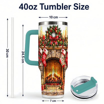 #pl[40oz|Green] Cozy Fireplace 40oz Tumbler with Handle, Christmas Stainless Steel Cup