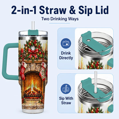 #pl[40oz|Green] Cozy Fireplace 40oz Tumbler with Handle, Christmas Stainless Steel Cup