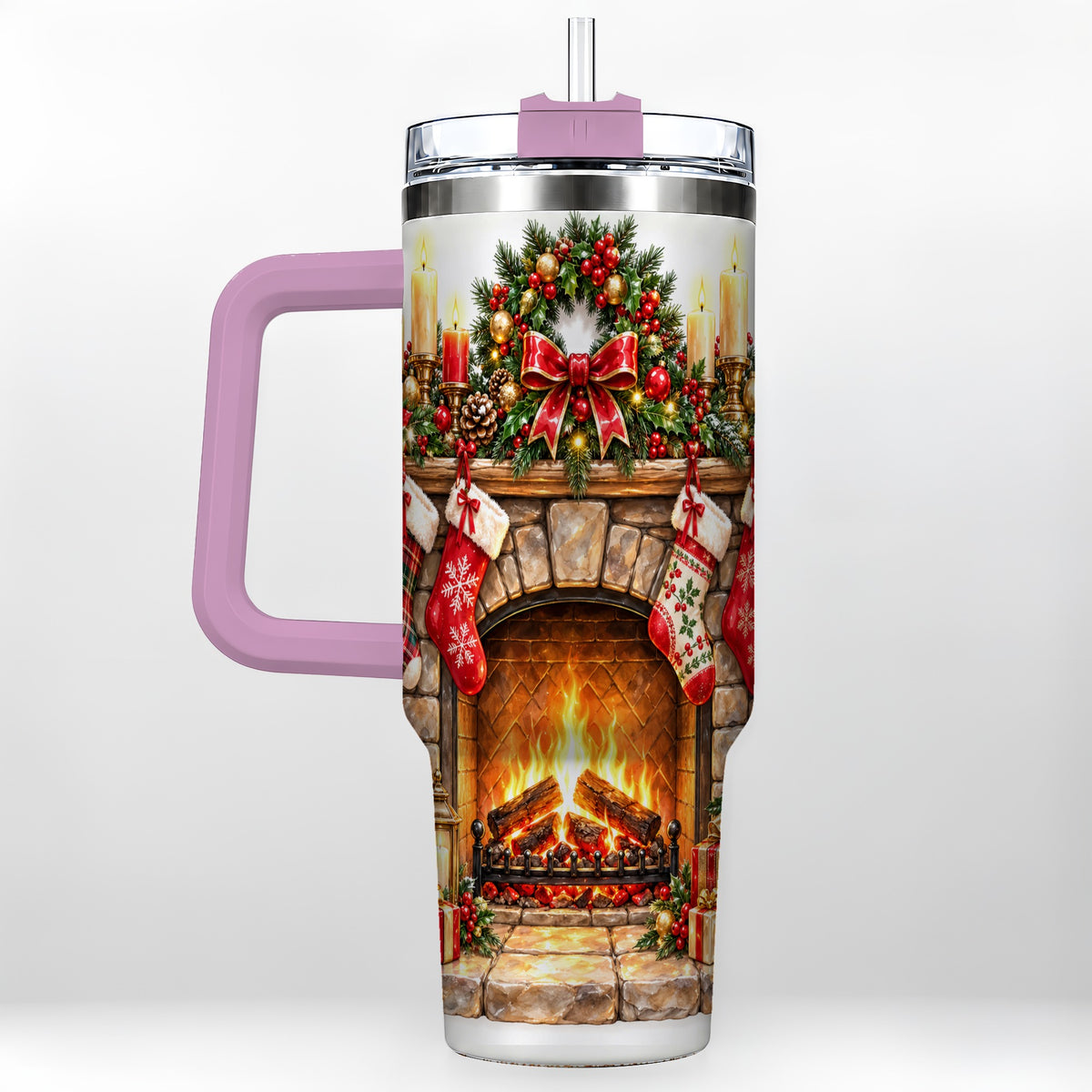 #pl[40oz|Pink] Cozy Fireplace 40oz Tumbler with Handle, Christmas Stainless Steel Cup