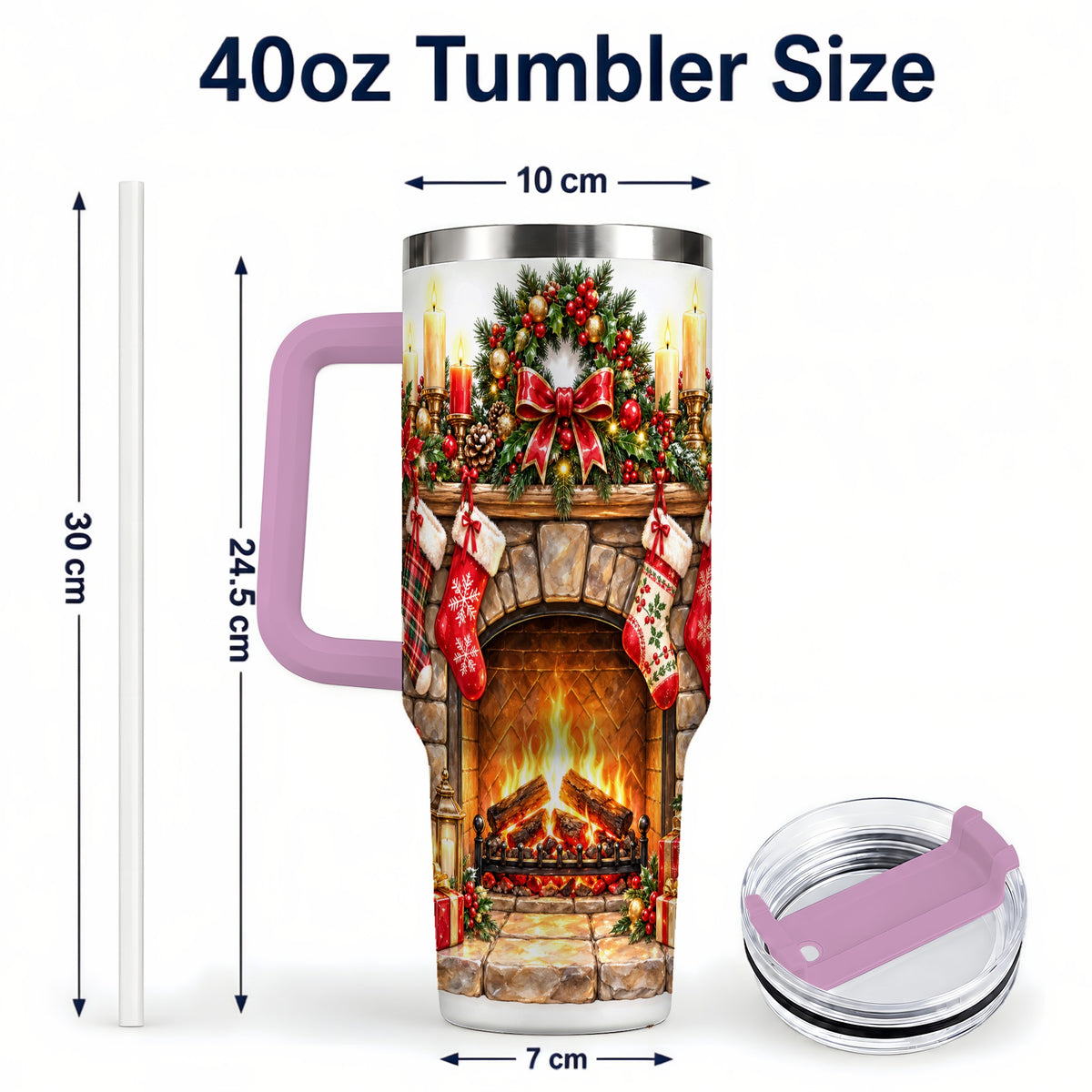 #pl[40oz|Pink] Cozy Fireplace 40oz Tumbler with Handle, Christmas Stainless Steel Cup