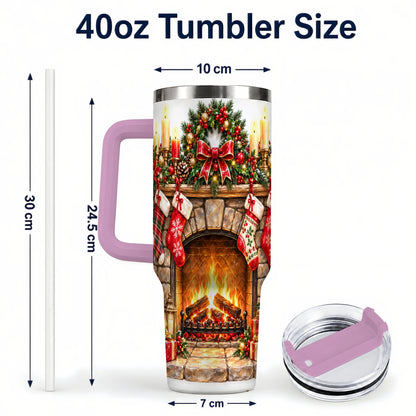 #pl[40oz|Pink] Cozy Fireplace 40oz Tumbler with Handle, Christmas Stainless Steel Cup