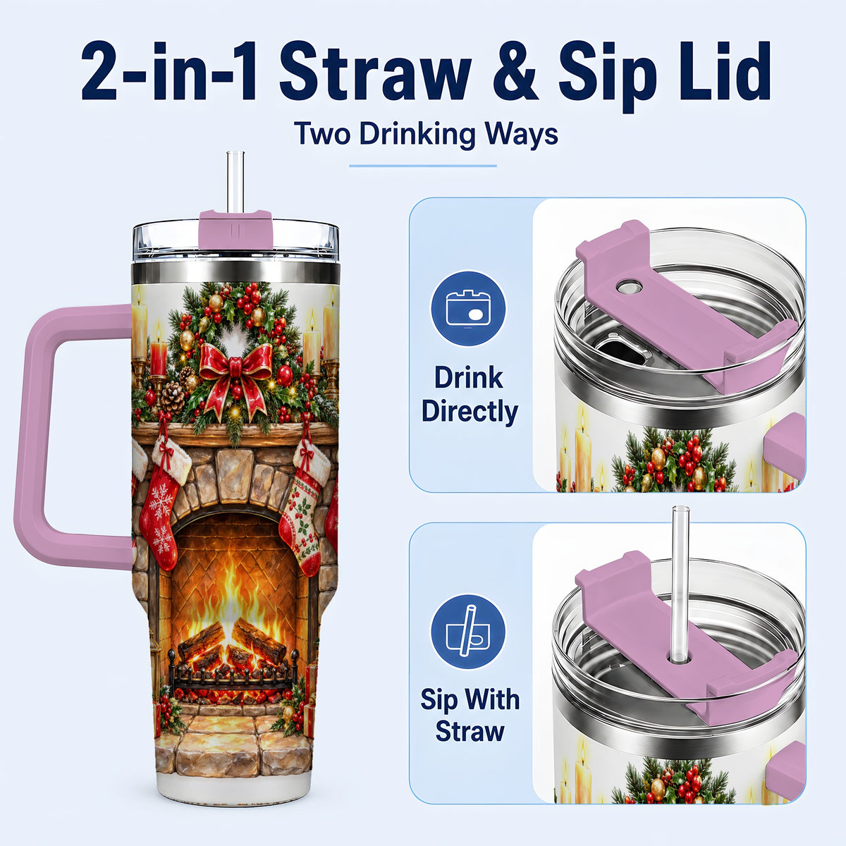 #pl[40oz|Pink] Cozy Fireplace 40oz Tumbler with Handle, Christmas Stainless Steel Cup