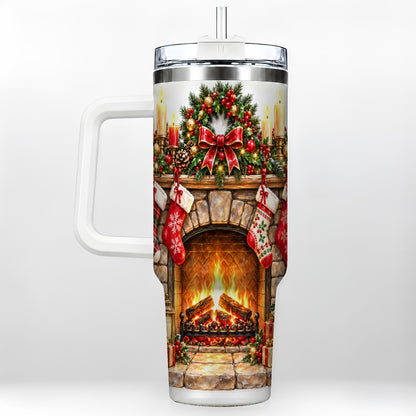Cozy Fireplace 40oz Tumbler with Handle, Christmas Stainless Steel Cup