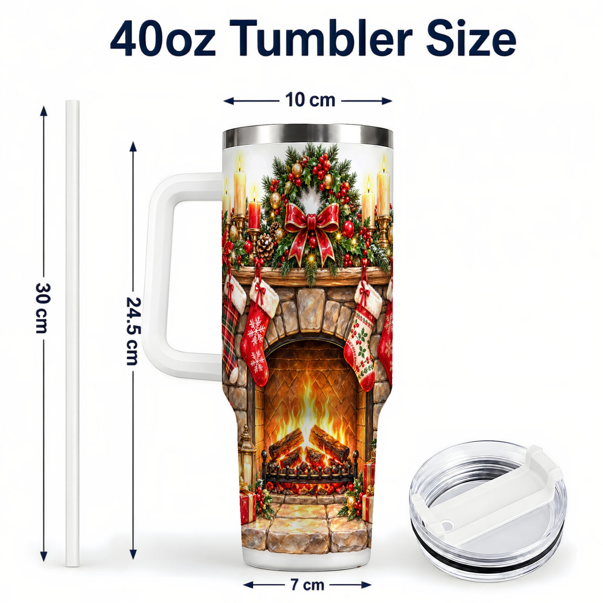#pl[40oz|White] Cozy Fireplace 40oz Tumbler with Handle, Christmas Stainless Steel Cup
