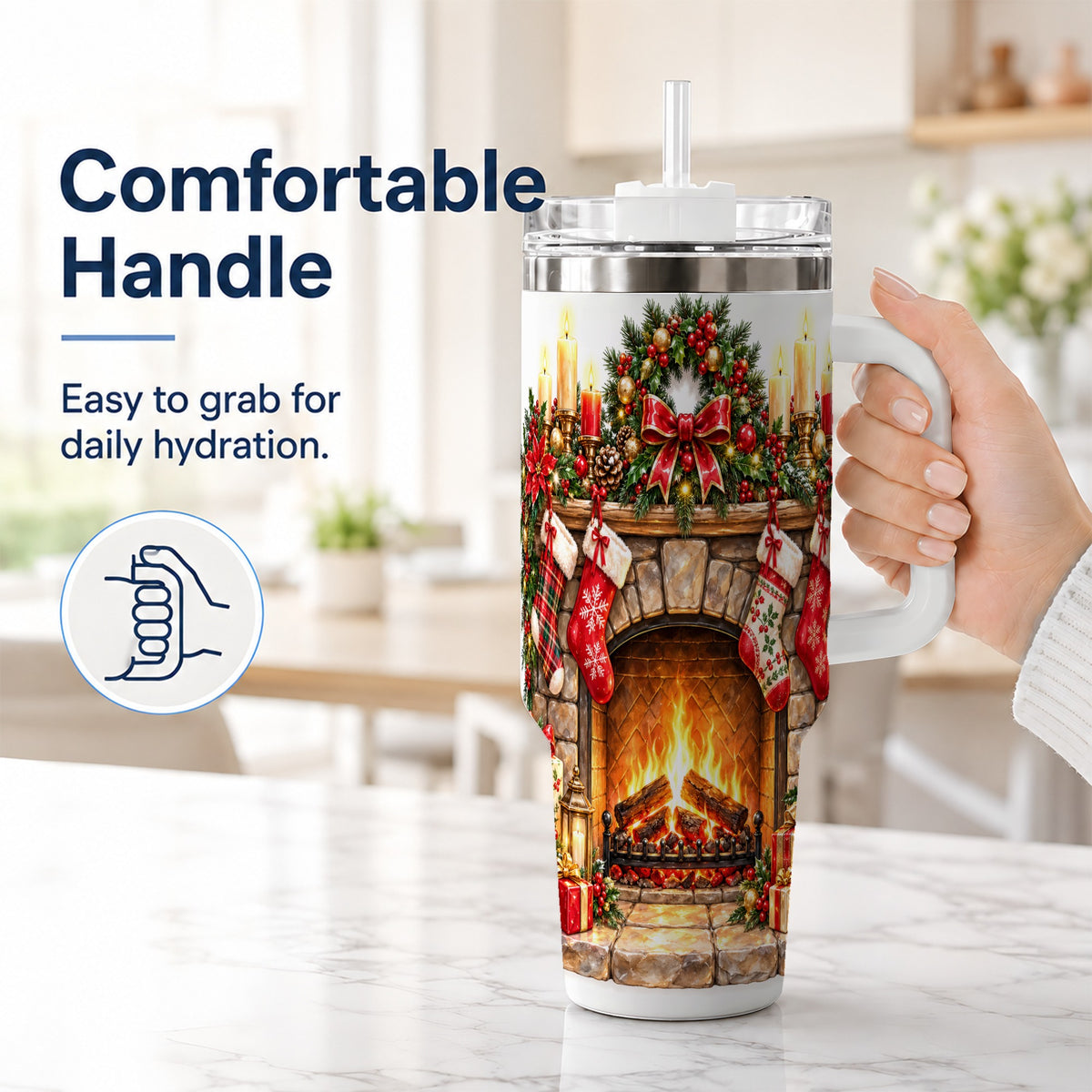 #pl[40oz|White] Cozy Fireplace 40oz Tumbler with Handle, Christmas Stainless Steel Cup