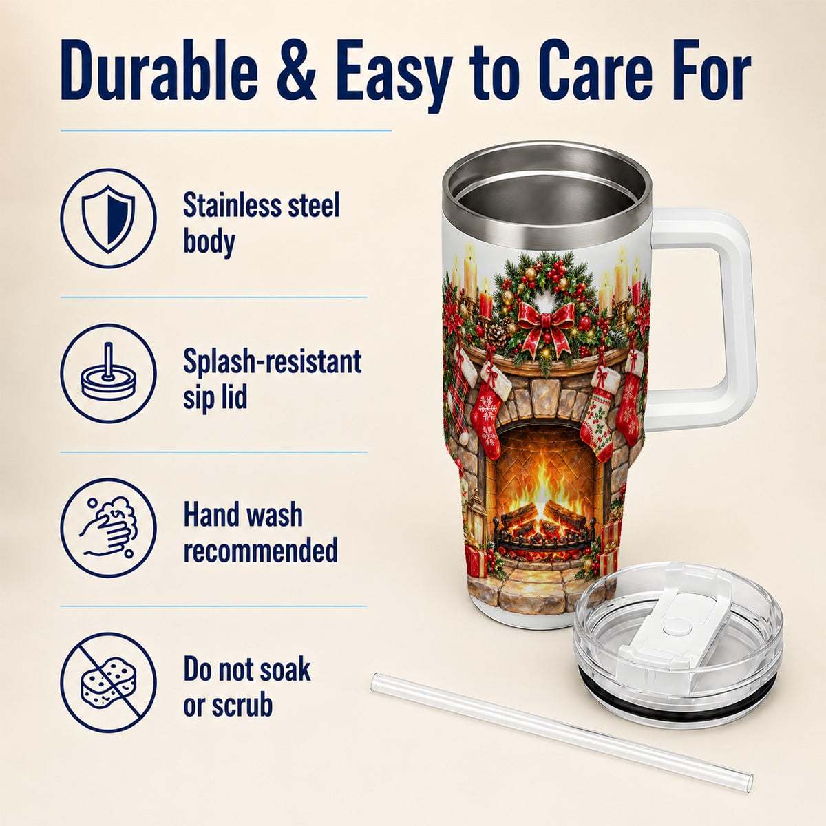 Cozy Fireplace 40oz Tumbler with Handle, Christmas Stainless Steel Cup