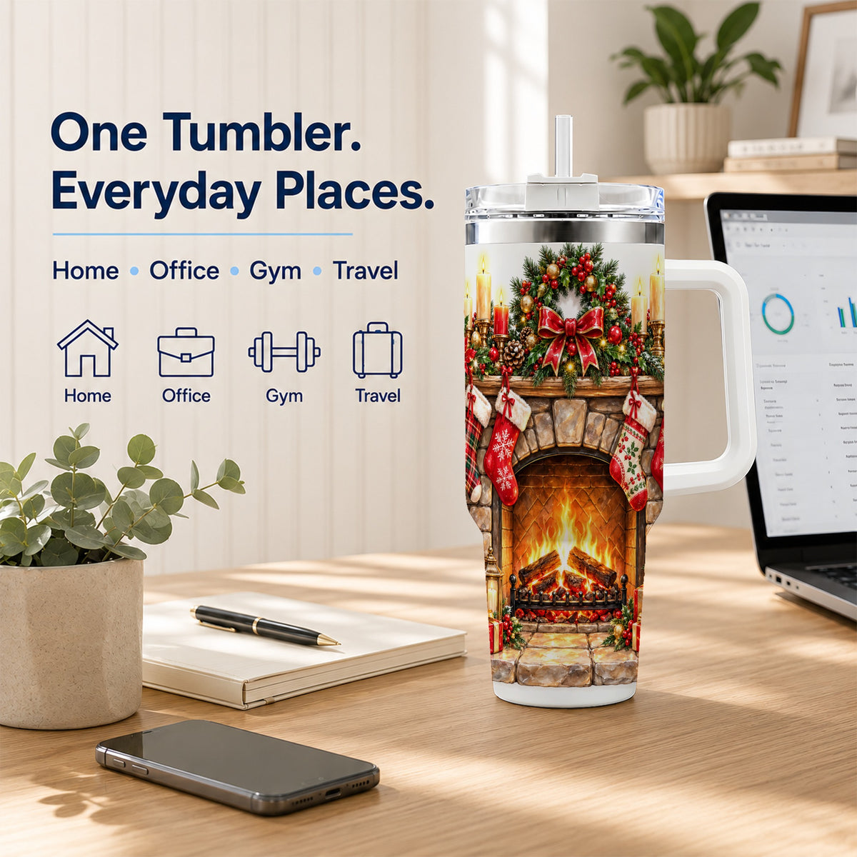 Cozy Fireplace 40oz Tumbler with Handle, Christmas Stainless Steel Cup