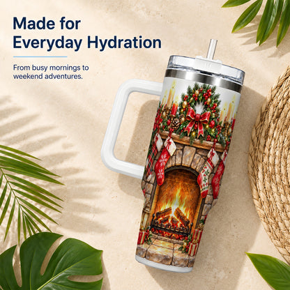 Cozy Fireplace 40oz Tumbler with Handle, Christmas Stainless Steel Cup