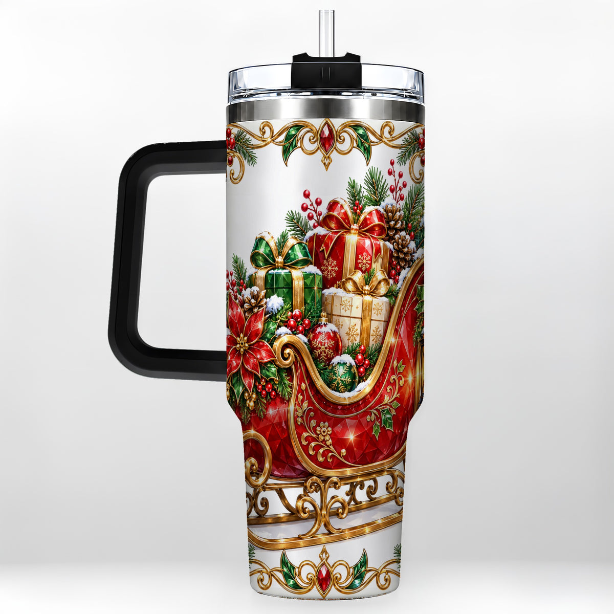 #pl[40oz|Black] Christmas Sleigh 40oz Tumbler with Handle, Festive Holiday Drinkware