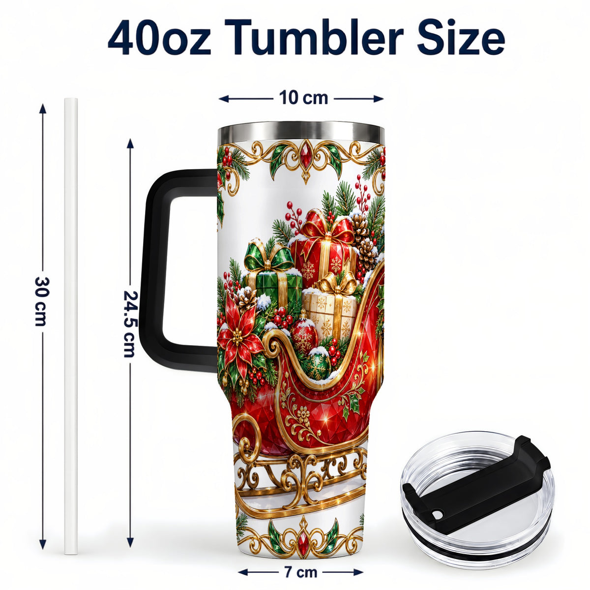 #pl[40oz|Black] Christmas Sleigh 40oz Tumbler with Handle, Festive Holiday Drinkware