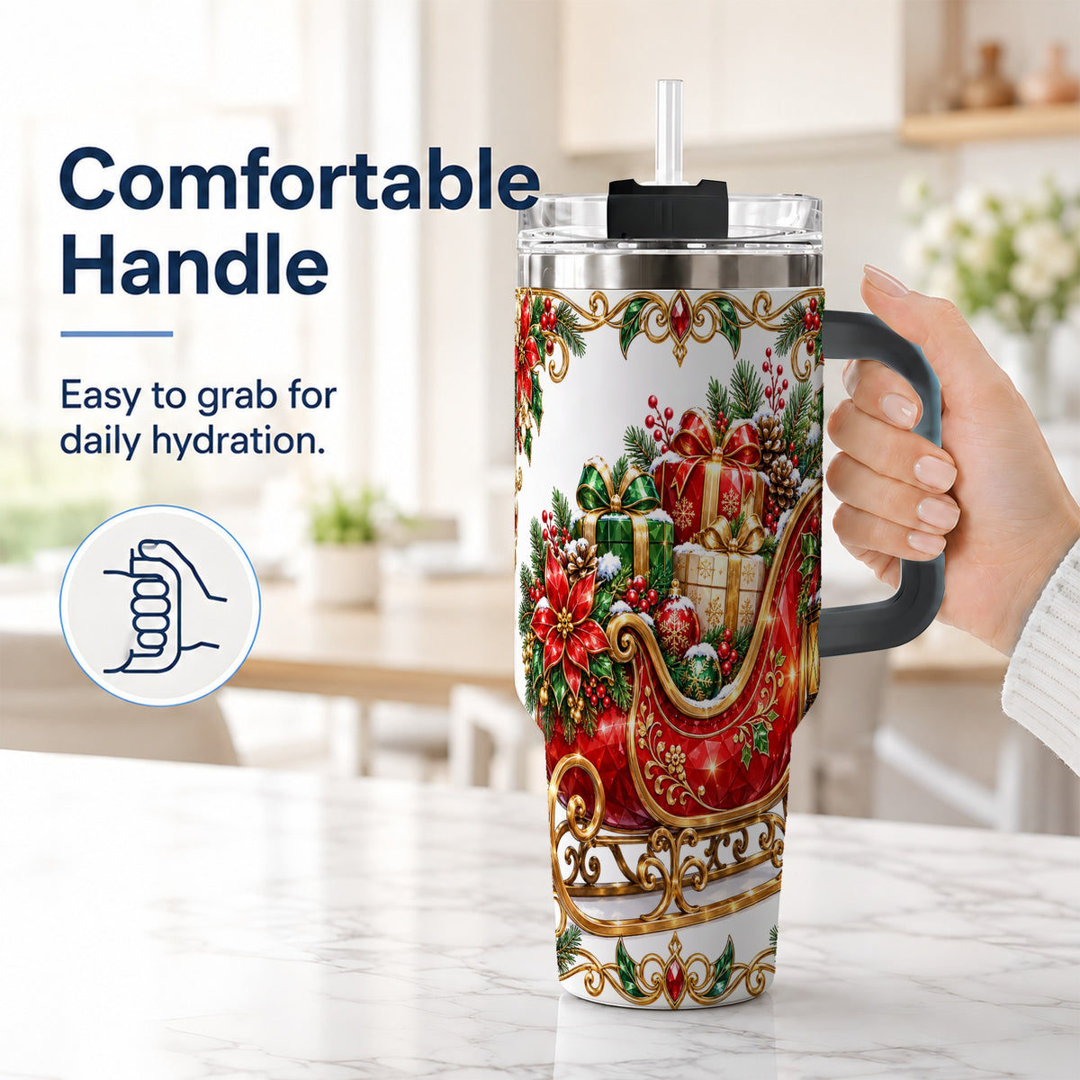 #pl[40oz|Black] Christmas Sleigh 40oz Tumbler with Handle, Festive Holiday Drinkware