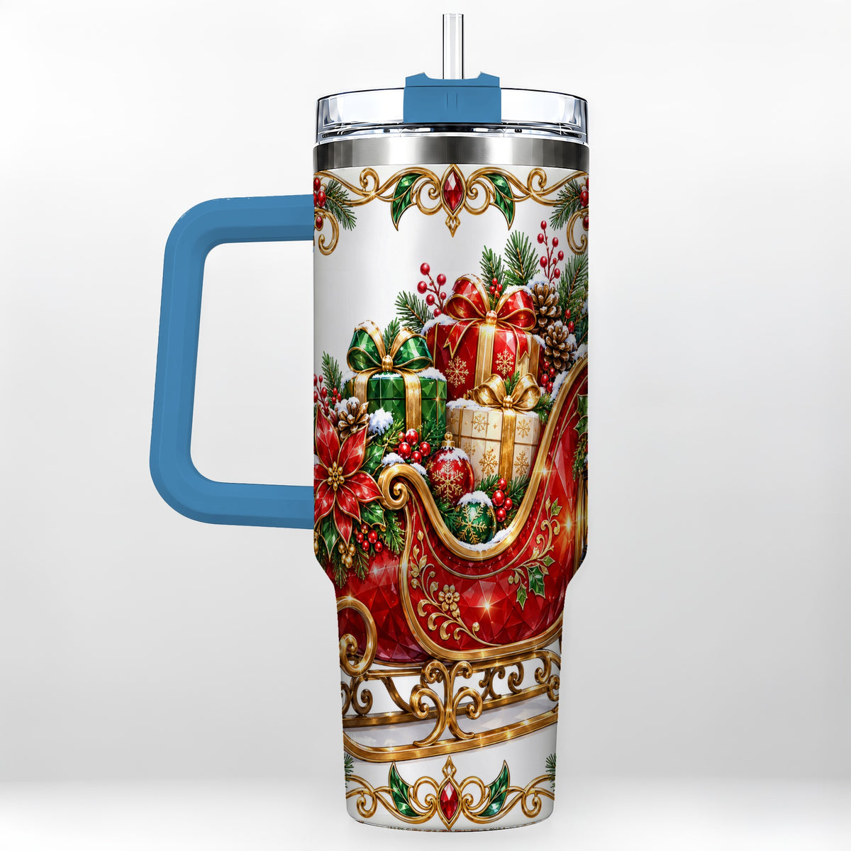 #pl[40oz|Blue] Christmas Sleigh 40oz Tumbler with Handle, Festive Holiday Drinkware