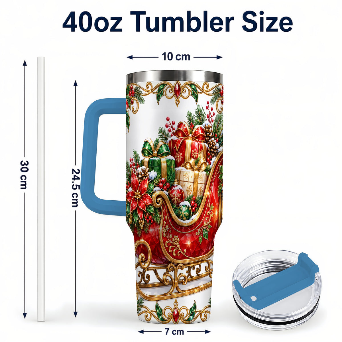 #pl[40oz|Blue] Christmas Sleigh 40oz Tumbler with Handle, Festive Holiday Drinkware