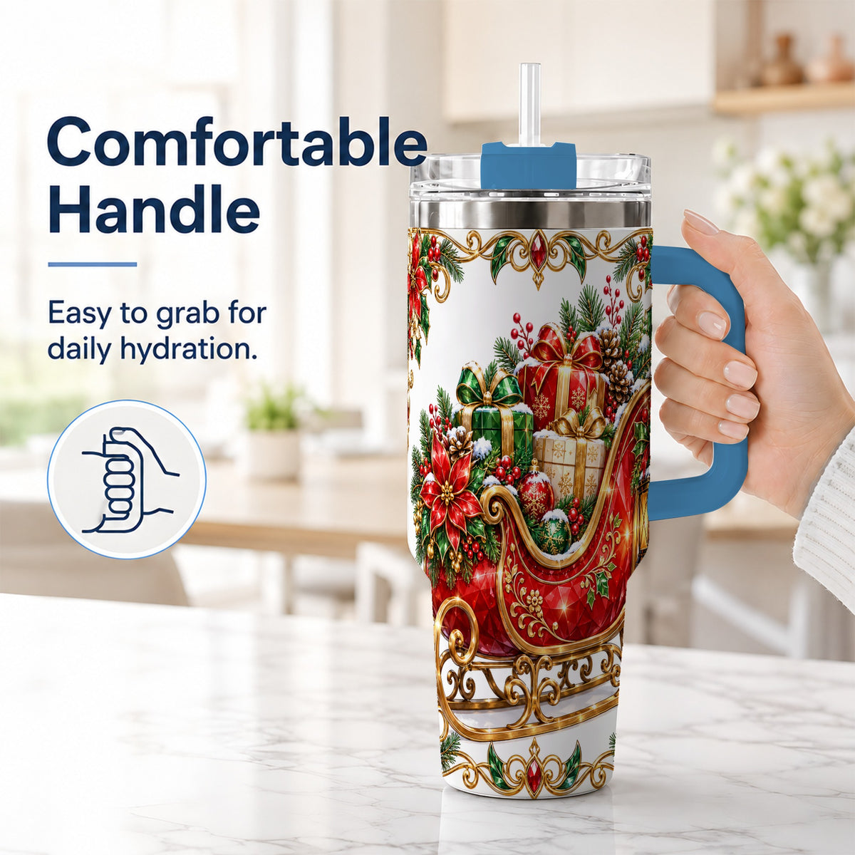 #pl[40oz|Blue] Christmas Sleigh 40oz Tumbler with Handle, Festive Holiday Drinkware